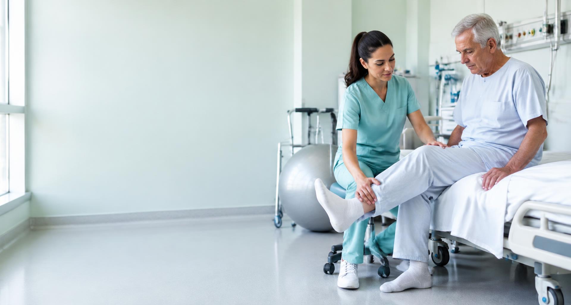 Fisioterapeuta auxiliando um paciente em exercício de reabilitação hospitalar